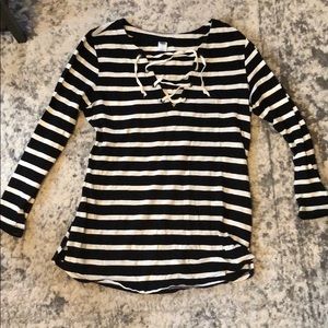 Lace Up Striped Long Sleeve Top